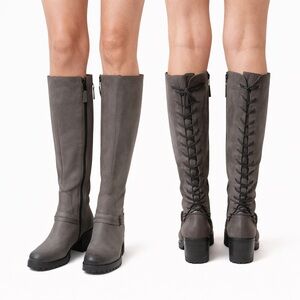 Taupe Suede Knee-High Boots | Lace-Up Back & Chunky Heel Size 8